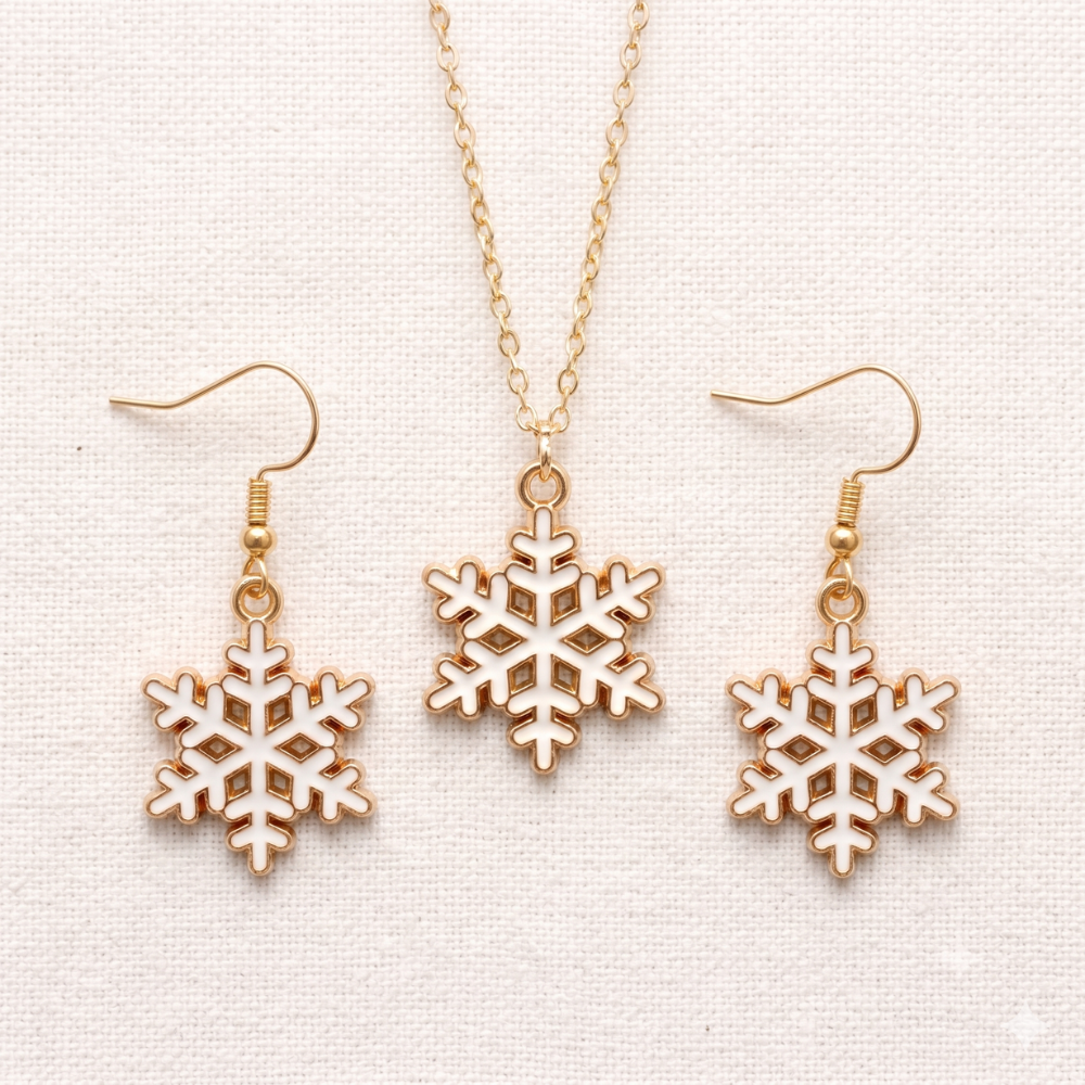 Spiky Snowflake Golden Christmas Pendant Set (Necklace & Earrings)