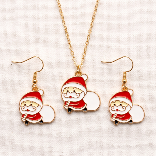 Sneaky Santa Golden Christmas Pendant Set (Necklace & Earrings)