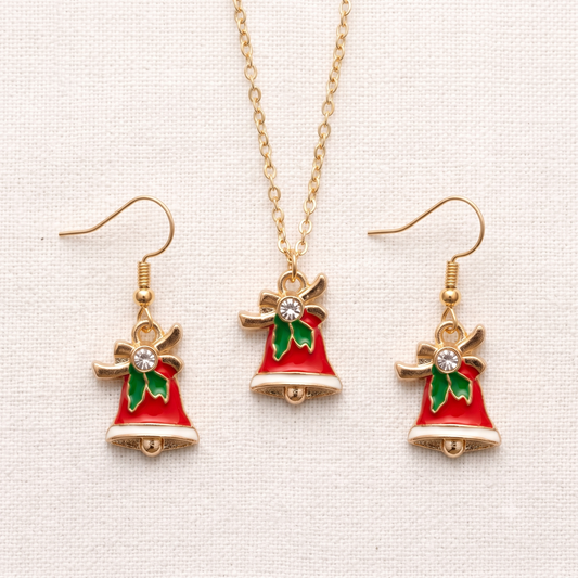 Studded Jingle Bell Golden Christmas Pendant Set (Necklace & Earrings)