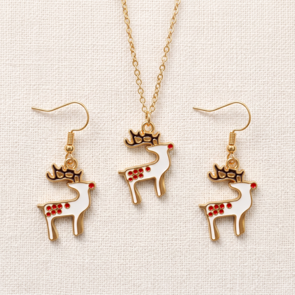 Spotted Reindeer Golden Christmas Pendant Set (Necklace & Earrings)