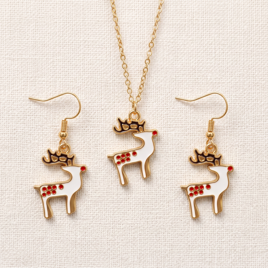 Spotted Reindeer Golden Christmas Pendant Set (Necklace & Earrings)